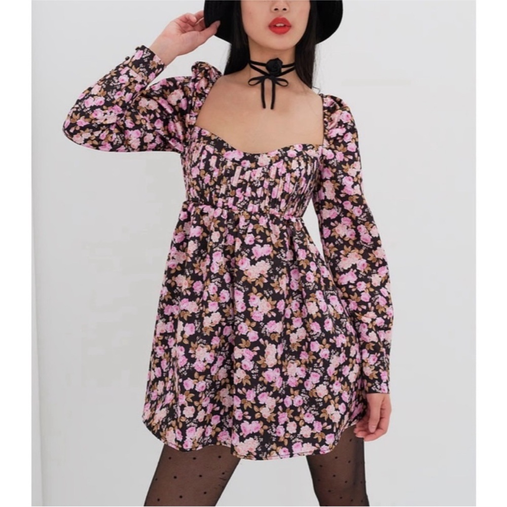 For Love & Lemons Kate Babydoll Dress Satin Black/Pink Floral 2X NWT